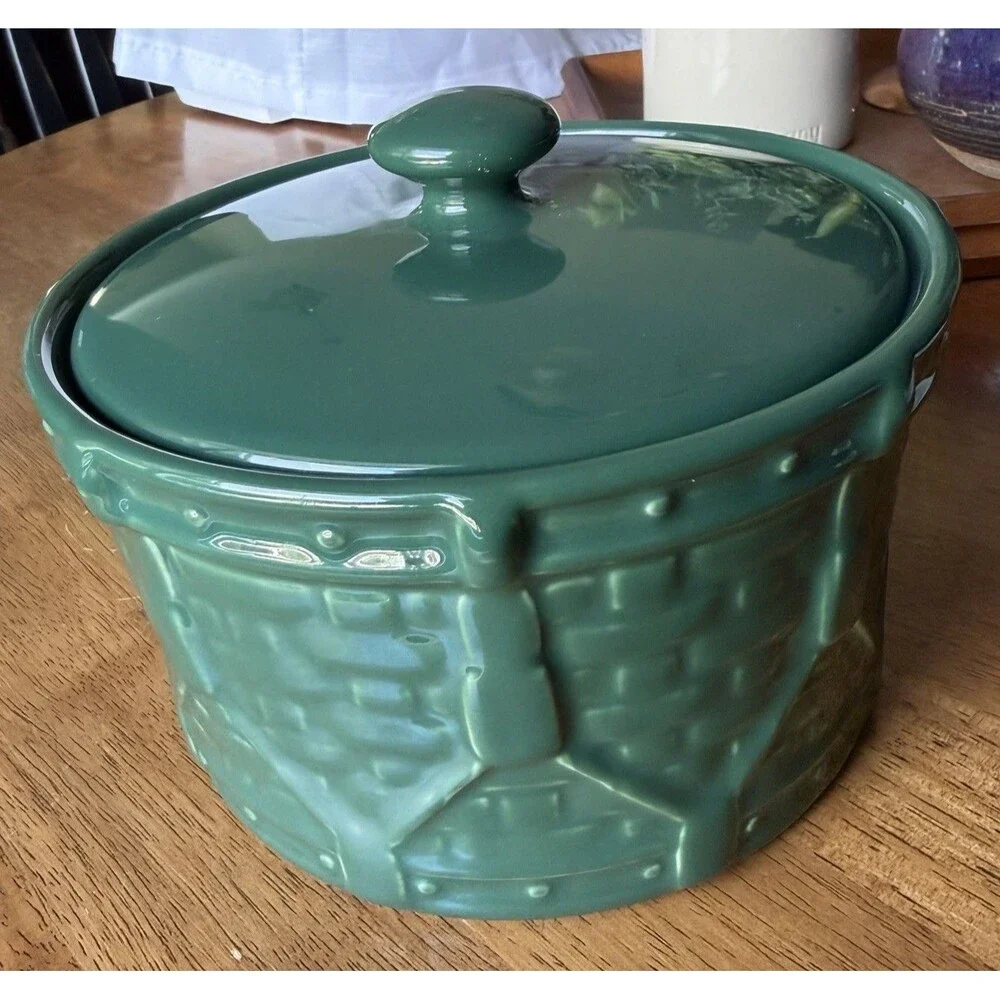 Longaberger Pottery Woven Drum Crock Canister Ivy Green with Lid Retired